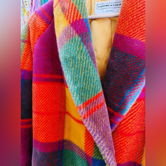 Vintage 80s 90s Bright rainbow plaid faux fur jacket - Picture 4 of 8